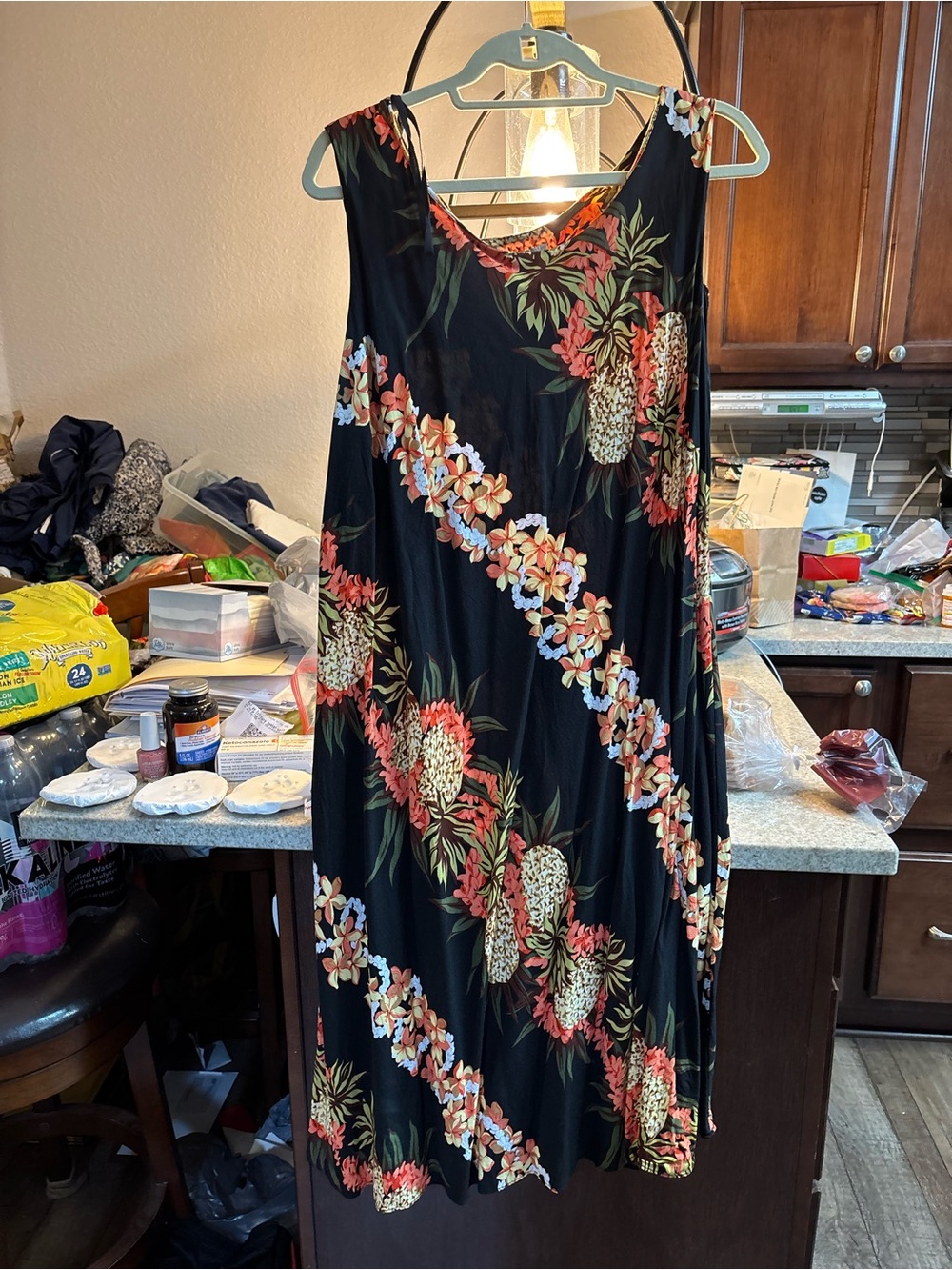 Hilo Hattie Black Maxi Dress with Coral and Cream Tropical Print